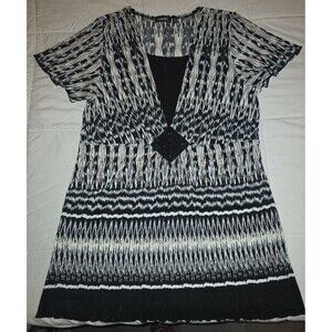 Elementz Pleated Ruffle Tunic Top XL Gray Blk Geo Beaded Short Sleeve Y2K boho